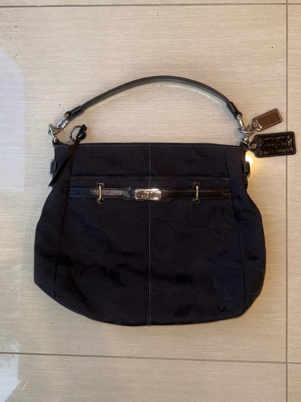 Coach Black Signature Jacquard Hobo Shoulder Bag Turnlock Buckle
